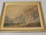 painting of a man and his dog in a mountainous landscape