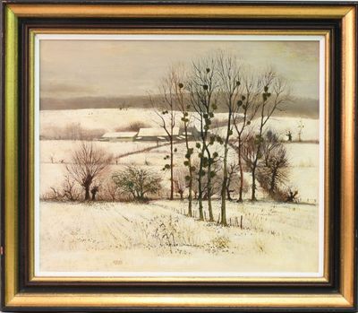 an image of a painting of a snowy landscape with birds perched on the trees