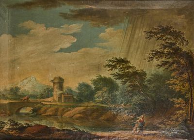 un vieux tableau représentant un homme et une femme traversant une rivière à pied