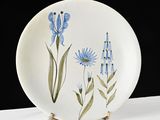 a white plate with blue flowers on it on a table