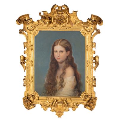 portrait d'une jeune fille en robe blanche, dans un cadre doré