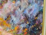 an oil painting of a colorful landscape with trees in the background