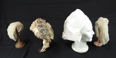 trois types de chapeaux différents et un porte-chapeaux sur fond noir