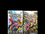 two packs of pokemon trading cards are shown on a black background
