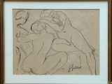 drawing of a woman holding a child in her arms in a wooden frame