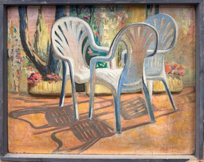 un tableau représentant deux chaises posées sur une terrasse