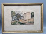 a painting of a house with a garden in front of it