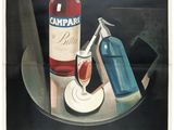 une image représentant une affiche publicitaire pour Campari, sur laquelle figurent une bouteille de vin et une cigarette