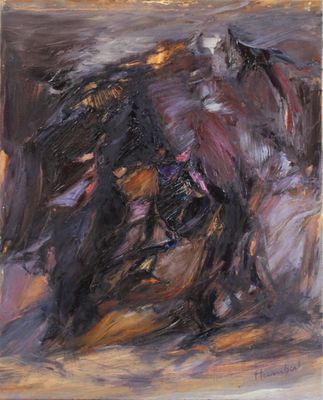 an oil painting of a group of people riding horses in a field