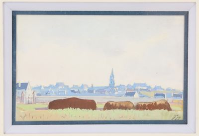 painting of cows grazing in a field with a town in the background