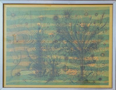 framed picture of a painting of a landscape with trees and grass