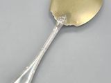 a silver spoon with a spoon handle on a white surface
