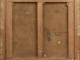 an old wooden cabinet with two doors and a drawer with a drawer underneath it