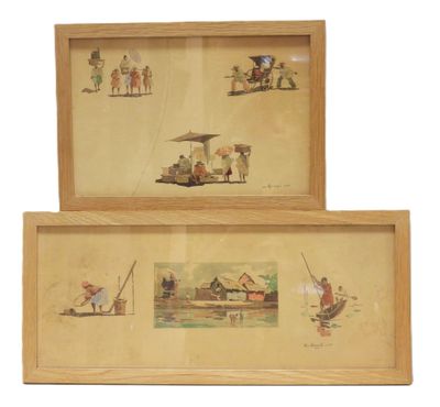 two framed pictures of people on a boat and a man on a boat