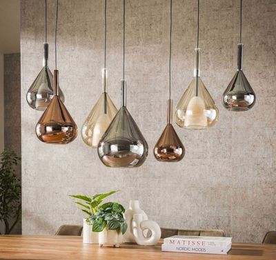 Suspension 7 lampes en verre ambré, cuivré et chromé , Dimen…