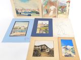 six aquarelles, encadrées et non encadrées, représentant une scène de plage