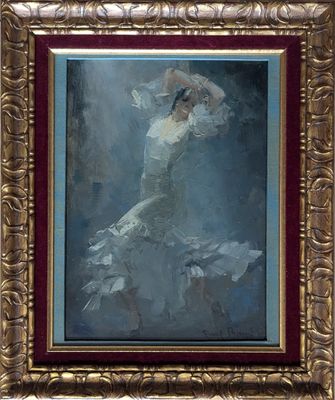 an oil painting of a woman in a white dress in a gold frame