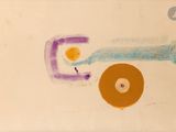 peinture représentant un tracteur muni d'un disque à l'avant et d'un disque jaune à l'arrière