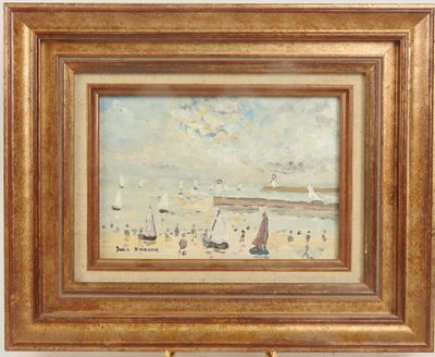 une peinture à l'huile d'une scène de plage avec des bateaux dans l'eau