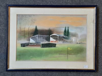 framed watercolor painting of a baseball stadium with a fence and trees