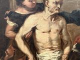 painting of an old man sitting on a bed with a group of people around him