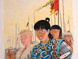un tableau représentant une femme tenant une épée devant un groupe d'hommes