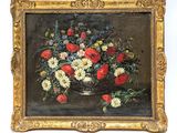 painting of a vase of flowers on a table with a white background
