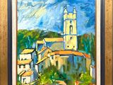 a painting of a painting of a church in a village