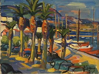 painting of palm trees and boats in a harbor with a mountain in the background