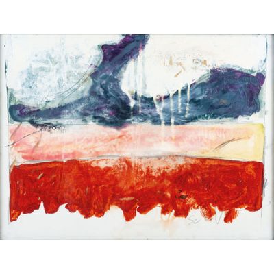 une peinture abstraite aux couleurs rouge, blanc et bleu sur fond blanc