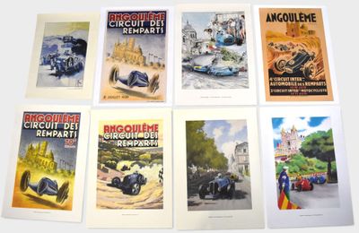 six vintage racing posters of different cars on display on a table