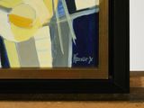 a painting of a yellow flower in a black frame
