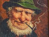 an old painting of a man with a green hat smoking a pipe