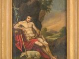 an image of a painting of a man sitting on a rock with a sheep