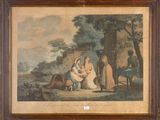 painting of a family gathering in a wooded setting with a dog