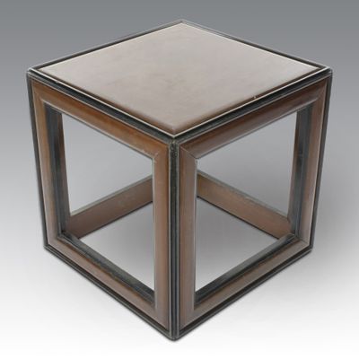 an image of a wooden table with a glass top on a grey background