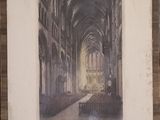 an old picture of a church with pews in a wood frame