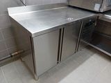 a stainless steel counter with a microwave on top of it