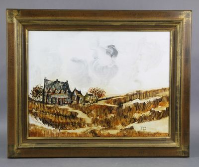 un tableau représentant une scène de campagne avec une maison au loin