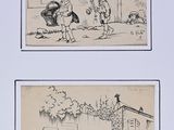 two drawings of children playing with a dog and a cat