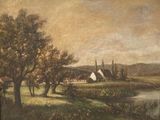 painting of a farm scene with a river and a church in the distance