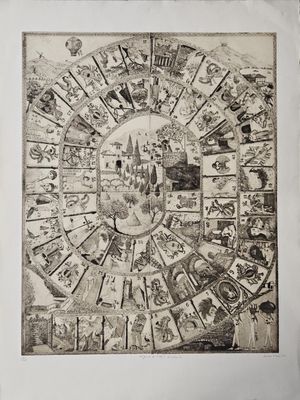 un vieux dessin représentant une roue de la fortune sur laquelle figurent de nombreux symboles
