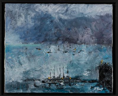 an oil painting of boats in a body of water with mountains in the background