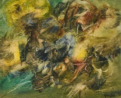 a painting of a man riding a horse and a bear