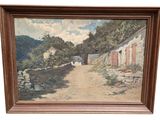 an oil painting of a country road with a barn in the background