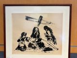 painting of a group of people sitting on the ground with a cross in the background