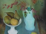 a painting of a blue table with a bowl of fruit and a vase of flowers