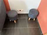 two stools that are sitting in the corner of a room