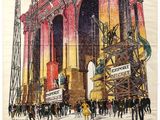 an image of a painting of people walking in front of a building