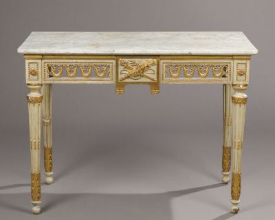 a white and gold console table with two drawers and a marble top